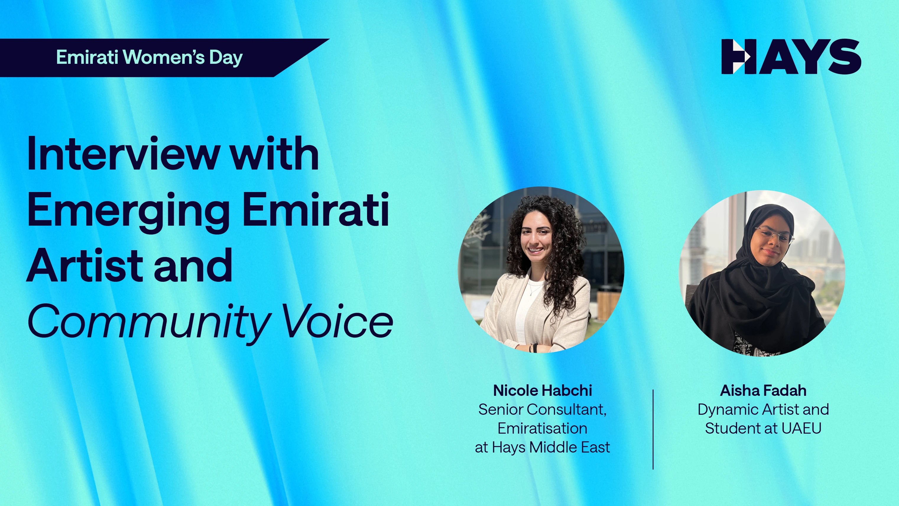 Alt - Promotional banner for Emirati Women's Day featuring interviewer from Hays and interviewee. The background is a blue gradient with white text that reads: 