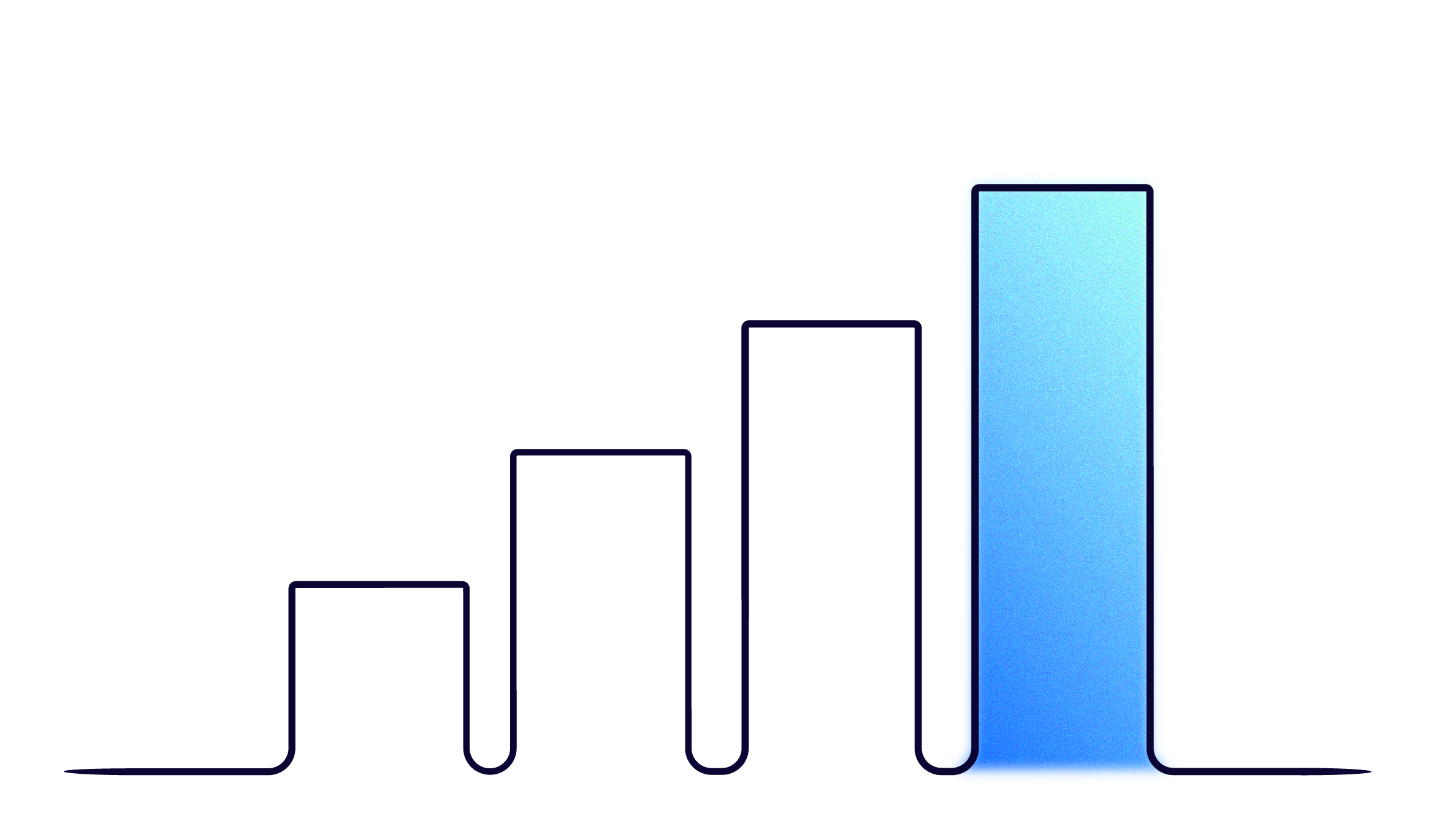 Illustration of a rising bar chart with five vertical bars, the tallest one shaded blue
